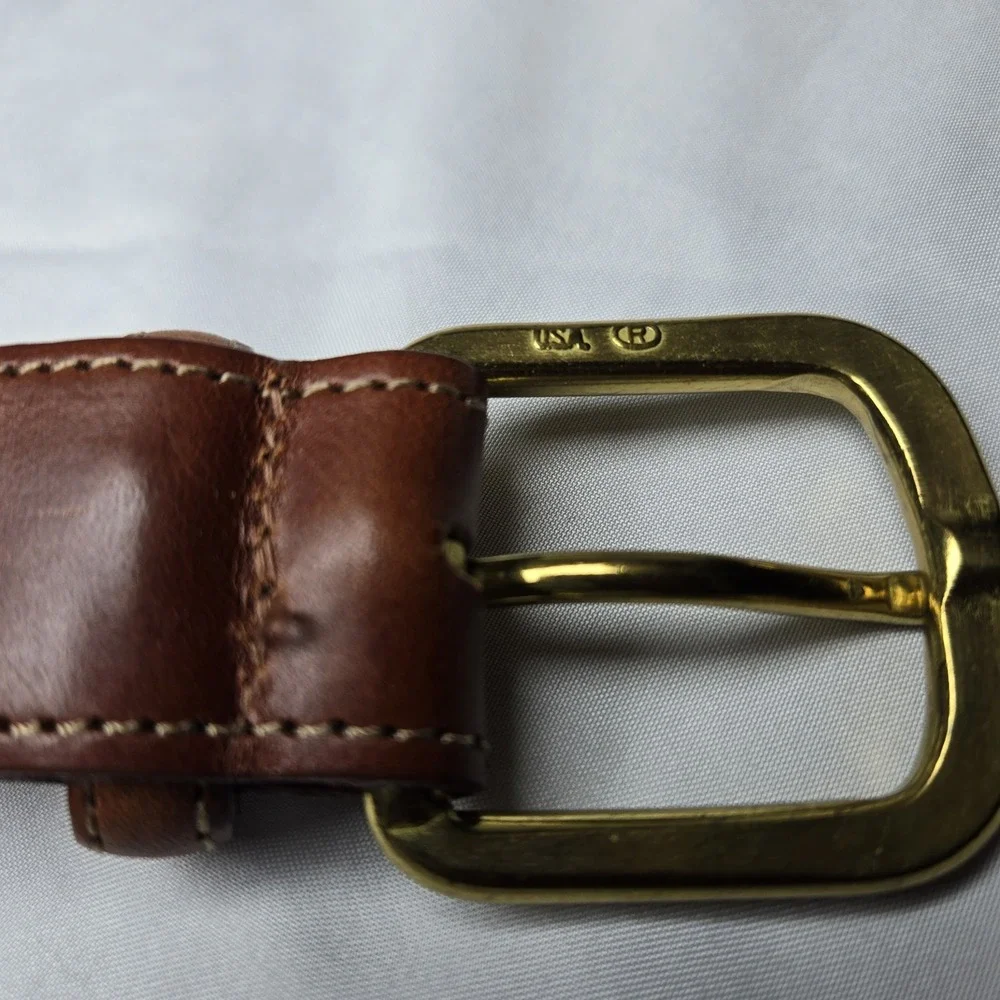 Woven Leather Brass Buckle Belt Navy Leather Ends Mens 40 Preppy Office Classic